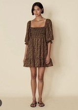 Faithfull The Brand Smock Dress Brown Linen Floral Size 4 Small Boho Festival
