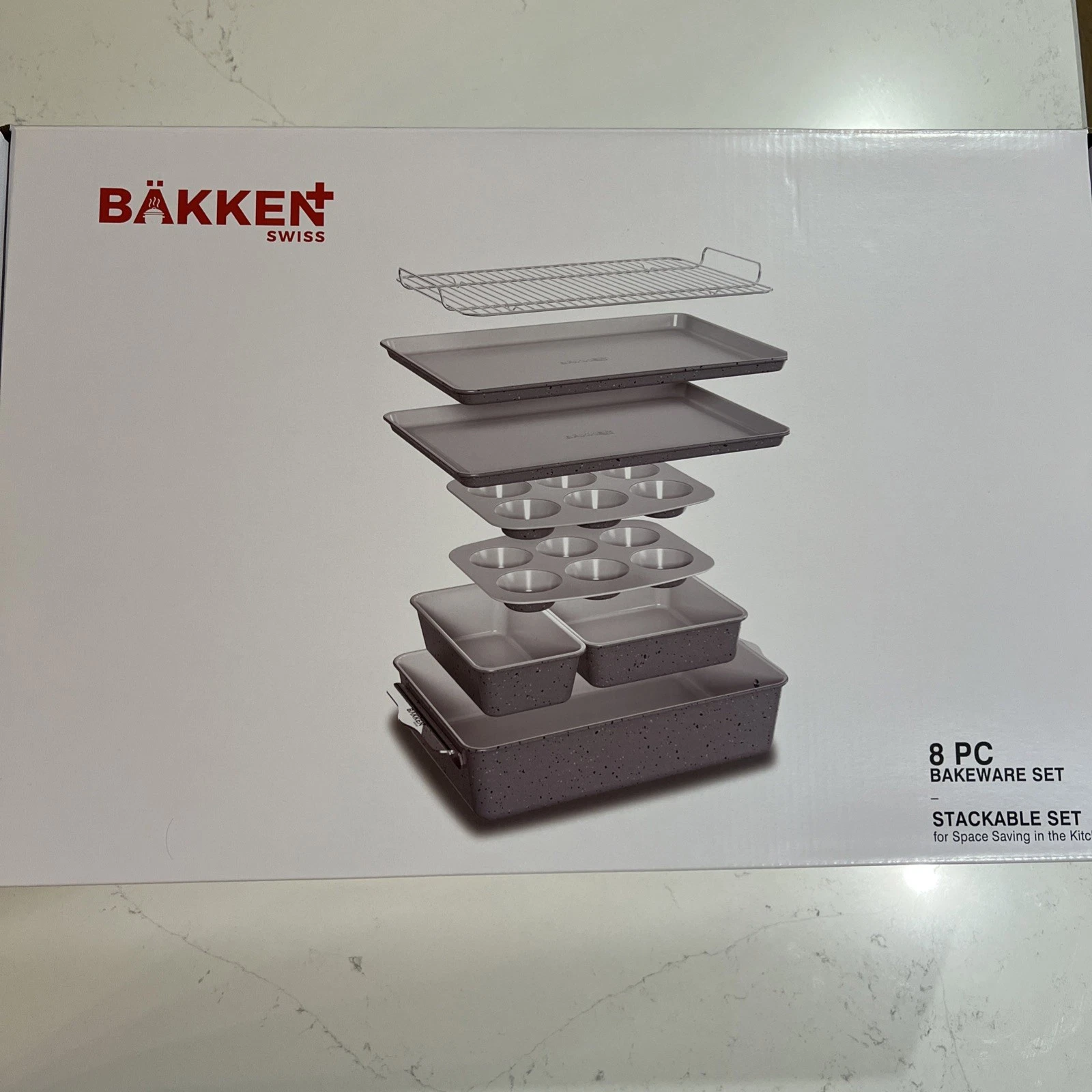 Bakken 8-Piece Stackable Bakeware Set - Ceramic Non-Stick Coating, Marble Color