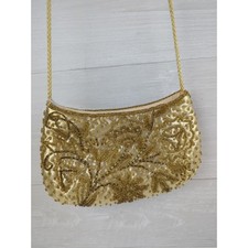 Carla Marchi Evening Bag, Beads Sequins, Gold, Zipper, Braided Cord Strap