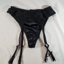Victoria's Secret Second Skin Satin Garter Thong Large Black Lace NWT