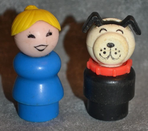 Pair of Vintage Fisher Price Little People Black & White Dog & Lady