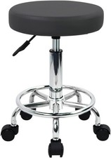 Round Rolling Stool with Footrest PU Leather Height Adjustable 360 