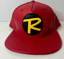 Bioworld Robin Snapback Hat Red Faux Leather DC Comics Batman Logo Cap EUC
