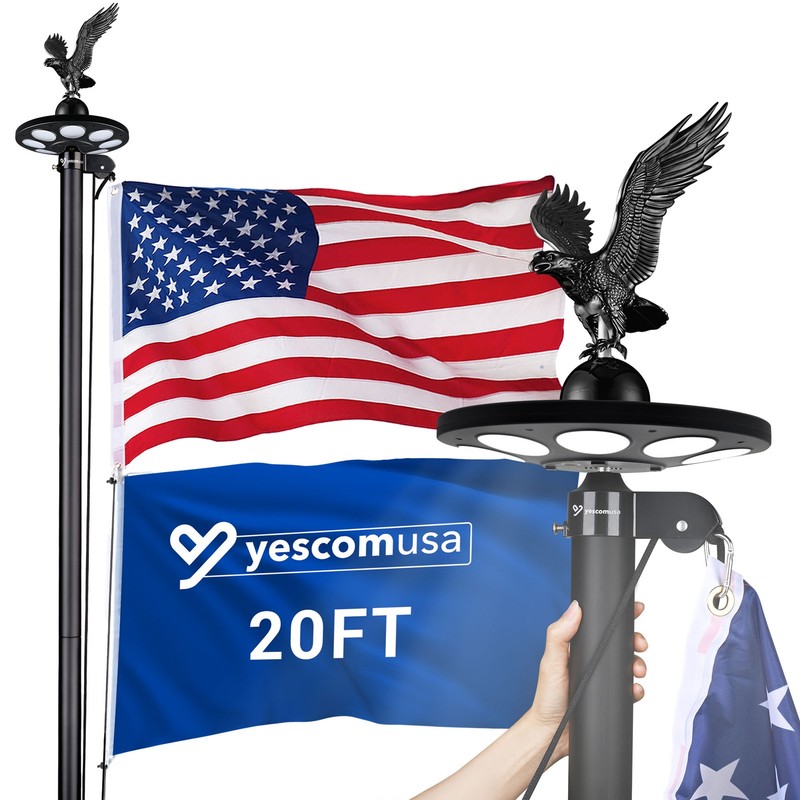 Yescom Bravery 20' Sectional Flag Pole Kit Solar Light US Flag Black Eagle