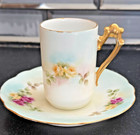Antique Hand Painted Porcelain Demitasse Cup & Saucer Roses Gold Gilt — photo 1