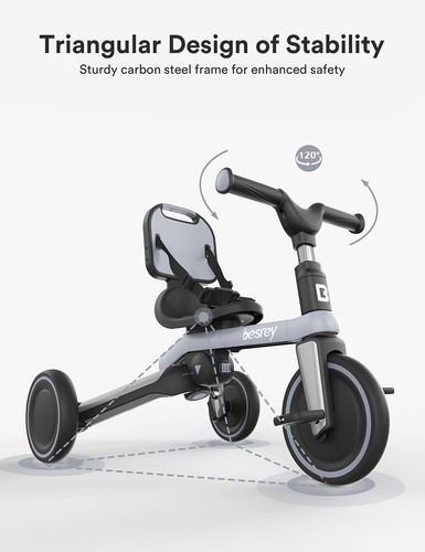 Besrey Toddler Tricycle with Push Handle Removable Canopy & Backrest,Glay - Picture 8 of 10