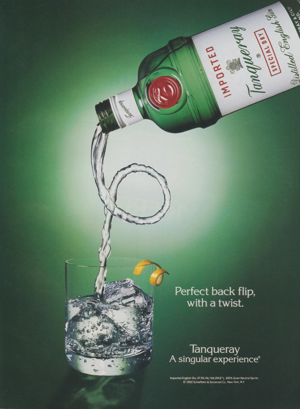 1993 Tanqueray Gin - "Perfect Back Flip, With A Twist" - Pour - Print Ad Photo