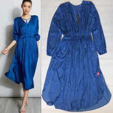 ELIE TAHARI $495 Long Sleeve Smocked Draped Midi Flare Dress LAPIS Size 8