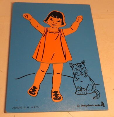 Vintage Judy Instructo 6 Pieces Wooden Girl w/ Cat Puzzle Made In USA J606040