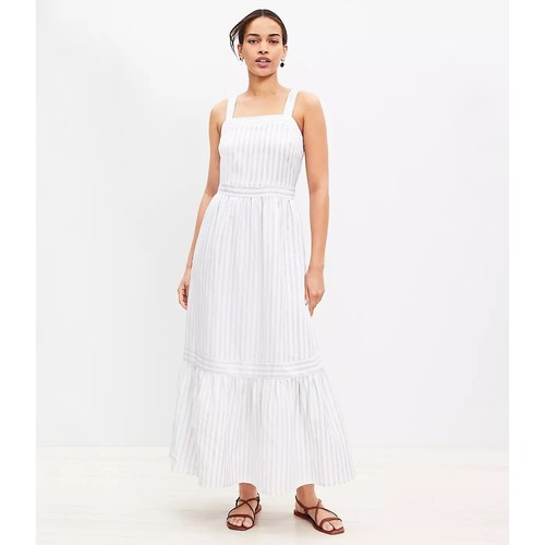 Ann Taylor LOFT Shimmer Stripe Linen Blend Square Neck Midi Dress 8