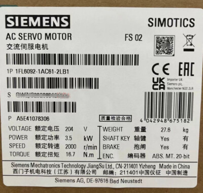 1FL6 092-1AC61-2LB1 NEW SIEMENS SIMOTICS Operating Voltage 1FL6092-1AC61-2LB1