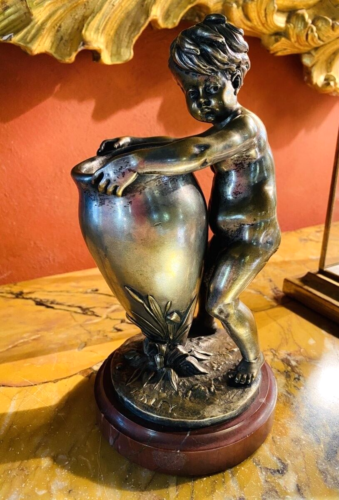 Antike Skulptur Vase Silber Bronze Figur signiert Louis Kley Statue Kind 20. - Bild 1 von 11