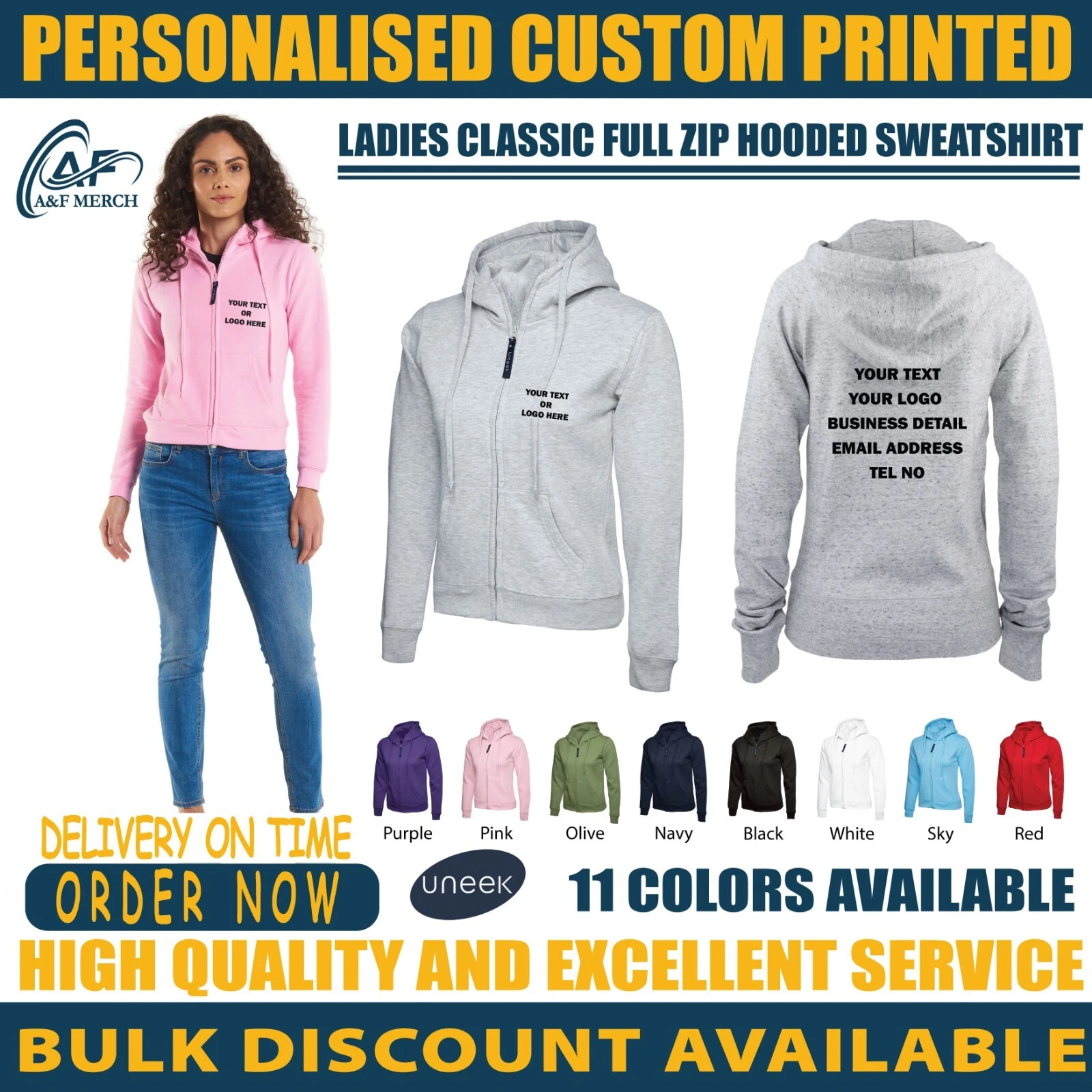 Personalised Custom Ladies Classic Full Zip Hooded Sweatshirt Casual Gym UC505
Opens in a new window