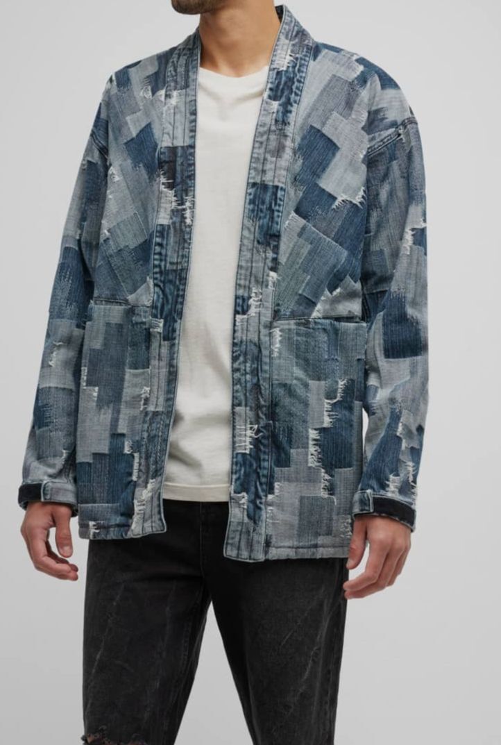 $1000 Marcelo Burlon Men's Blue Patchwork Denim Kimono Jacket Size