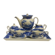 Pagoda Blue Transferware Porcelain Tea Set with Tray - Antique Reproduction