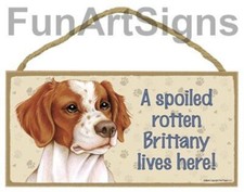  SJT61916 A spoiled rotten Brittany lives here wood sign plaque 5" x 10"