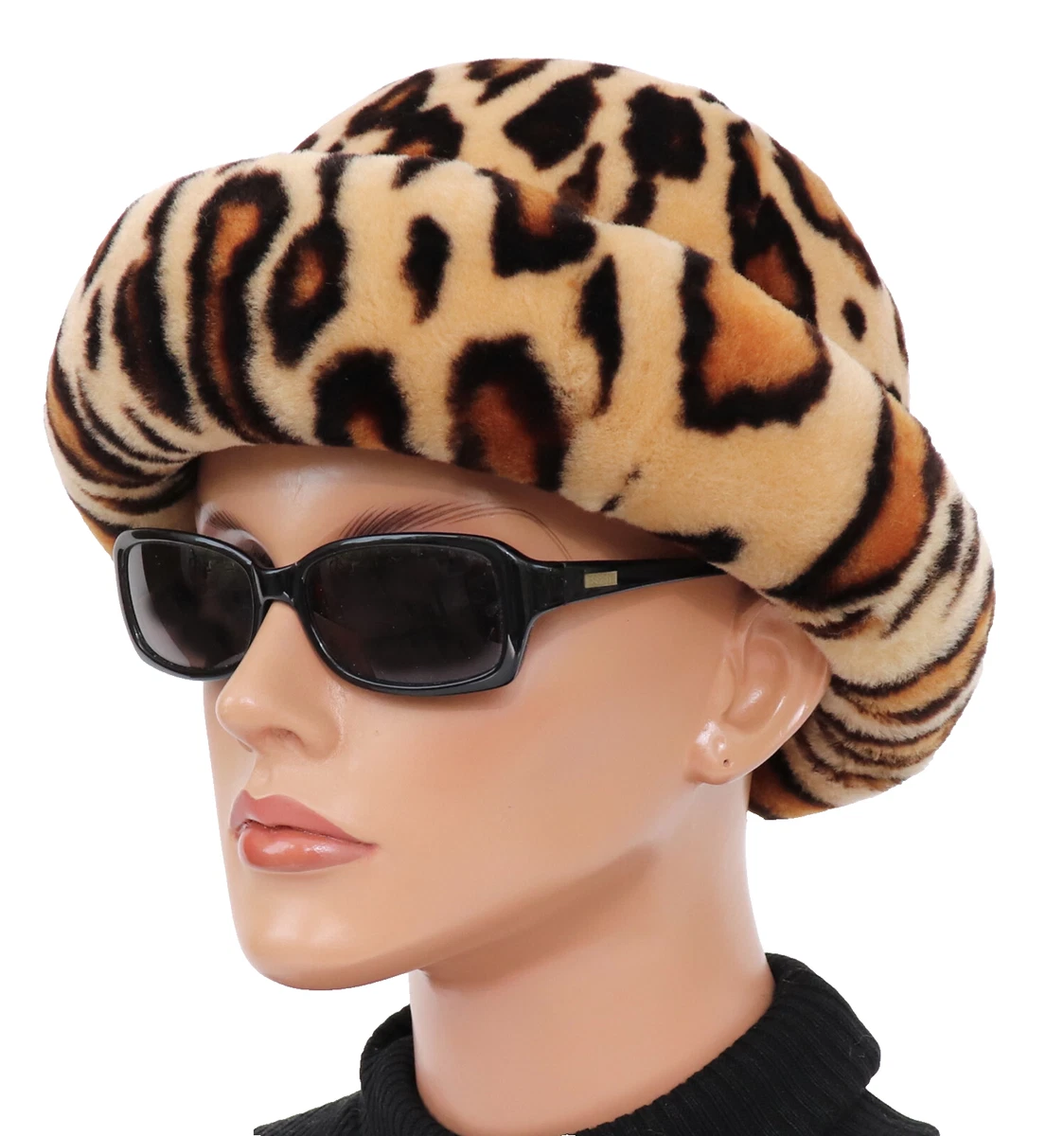 Pelz Mütze Hut Damen Fell Lammfell DDR Vintage Leo Print Mode Styl Melone Rar