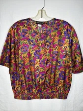 Vintage Women's Short Sleeve Top Blouse, Size 12 Colorful Abstract Print