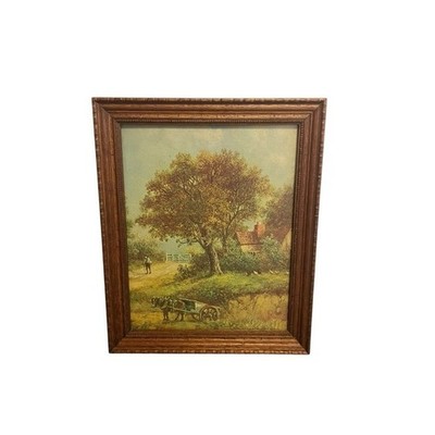 Pastoral Landscape Art Print Horse Cart Cottage Rustic Wood Frame Vintage Framed