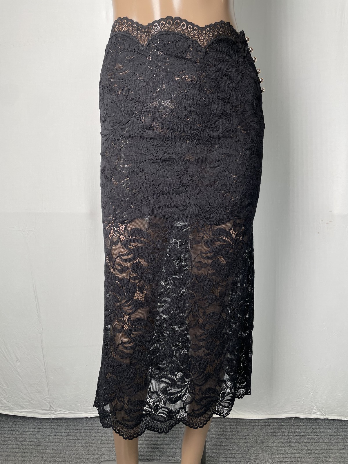 Rabanne Women Midi Skirt Black Size US 2/ FR 34 Sheer Stretch Lace Scalloped Hem