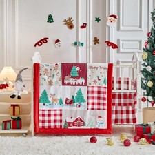 Christmas Crib Bedding Set 3 Pcs with Santa Snowman Red White Design, Quilted...