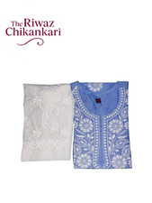 Sky Blue Lucknowi Cotton Kurti with White Pant  Handmade Chikan Embroidery