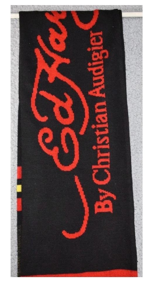 Bufanda vintage Ed Hardy por Christian Audigier a rayas negras con flecos 9"x70" Foto 2 de 4