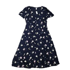 Gap Midi Dress Navy Blue Floral Button Front V Neck Short Sleeve Cottage Sz 12