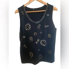 Vintage Womens Grunge Black Sleeveless Tank Top Metal Hardware Accents Artsy