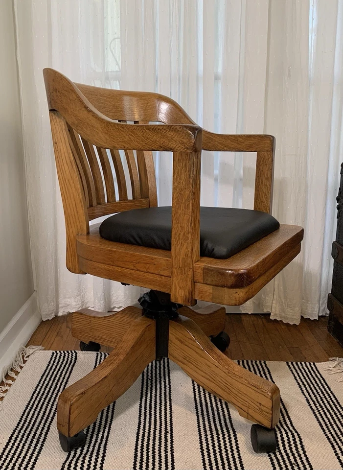vintage TIGER OAK swivel tilt adjustable rolling banker/lawyer/office ARMCHAIR - Image 2 of 4