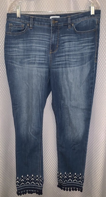 Crown & Ivy Embroidered Hem Jeans with Pom Poms Sz 12