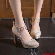 Chic Womens Rhinestone Chunky heel Glitter sequins wedding party pumps Shoes new