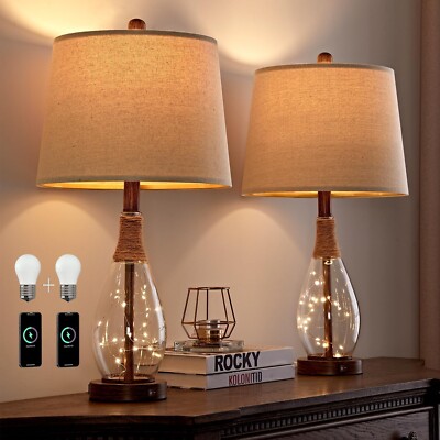 23'' USB A+C Table Lamp Set of 2 Modern Rattan Glass Nightstand Lamps