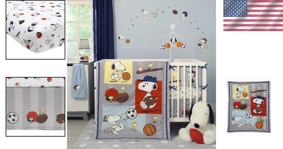 耐用时尚史努比 3 件套婴儿床灰色和蓝色 - 可机洗 — 第 2/4 张图片