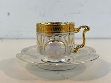 Vintage White and Gold Iridescent Cup and Saucer With Hand Painted Decorations