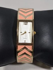 Silver Tone Dial Rectangle Case Gold Tone Pink Hinge Bracelet Band Watch 6.25 in