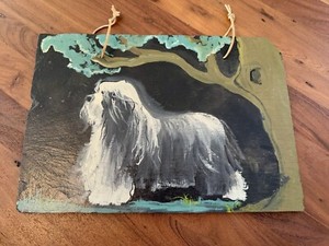 Bearded Collie Dog Hand Painted On Slate Leather Hanger Show Dog Wall Art EUC
