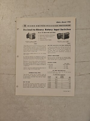 Vintage Honeywell MICRO SWITCH Decimal To Binary Rotary Input Switch Data SHEET