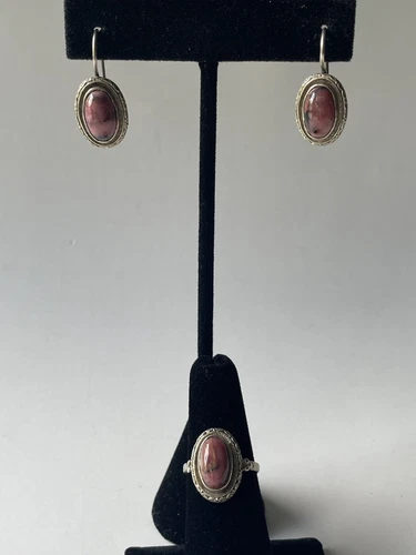 Vintage Sterling Silver Oval Pink Rhodonite Ring and Earrings Set