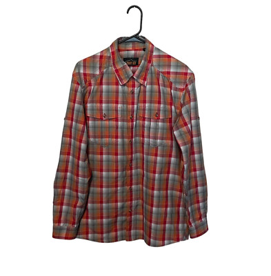 Orvis Shirt Mens Medium Orange Gray Red Plaid Trout Bum Roll Tab Sleeve Outdoor