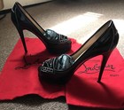 $1095 CHRISTIAN  LOUBOUTIN Black Patent Leather Peniche 140 Peep-Toe Pumps  Sz39 — photo 1