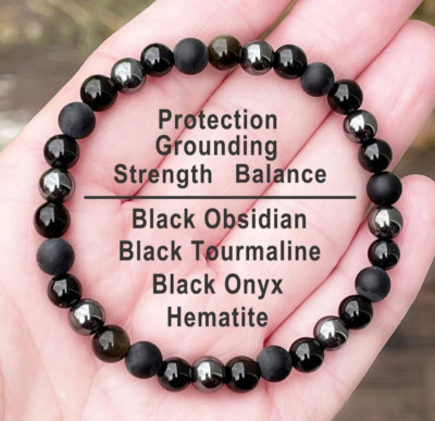 Triple Protection Stone Bracelet 6mm Black Onyx Tourmaline Obsidian Bracelet