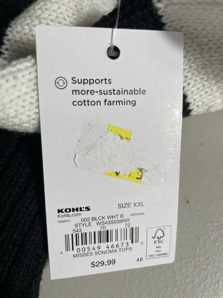 Nuevo con etiquetas Suéter Sonoma Para Mujer 2XL Blanco y Negro Rayas Cuello Redondo Informal Preppy Foto 4 de 4