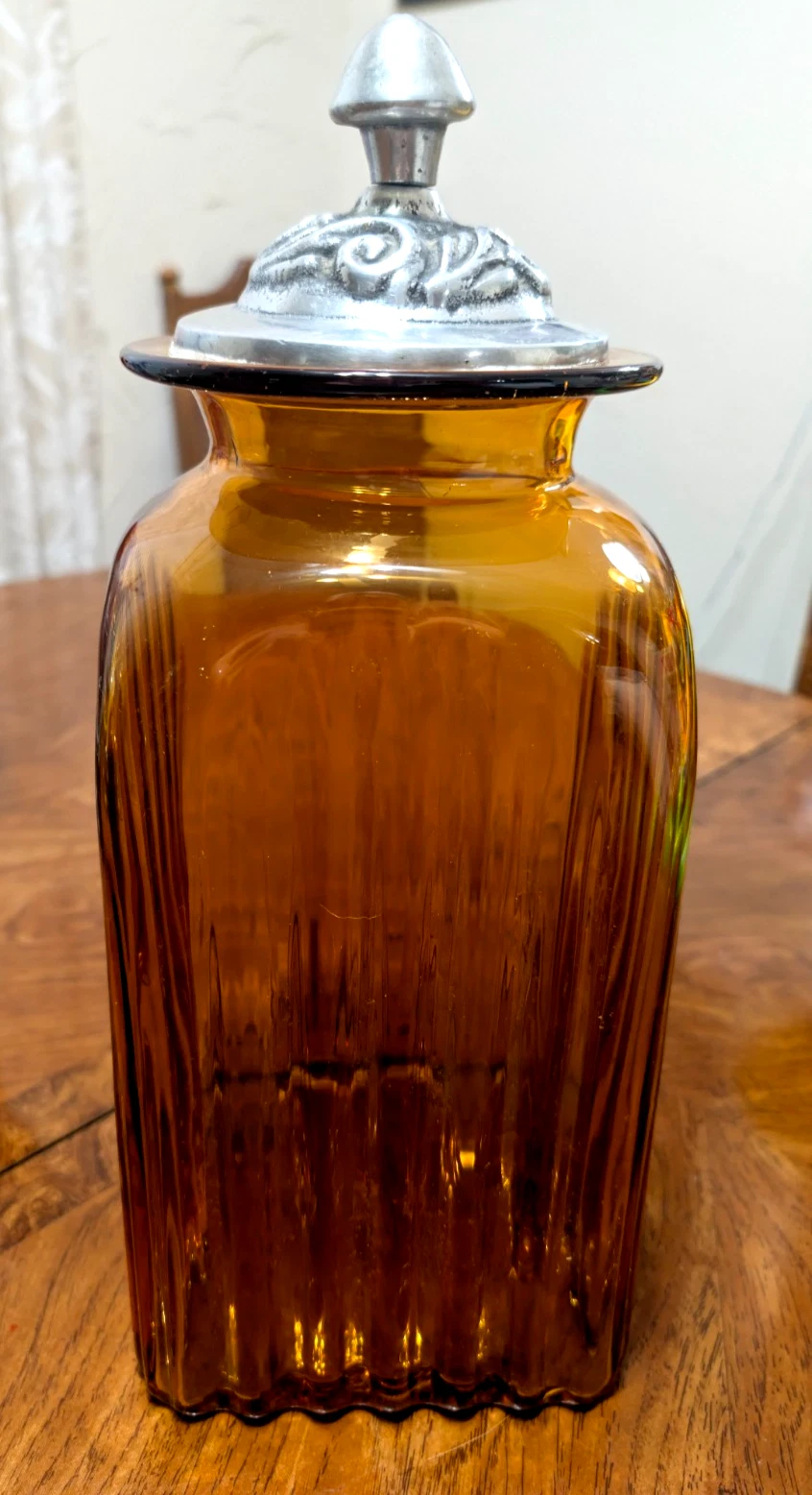 Hand crafted By Traditions Amber Ribbed Glass Apothecary Jar 12'' Metal Lid