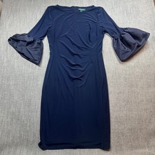 Lauren Ralph Lauren Sheath Dress Women 10 Navy Ruched  Bell Sleeve
