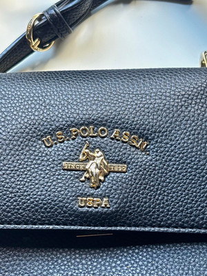 US Polo Assn. Damen Umhängetasche Schwarz Kunstleder Logo, RV, Innentaschen