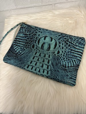 Oliveve Blue Leather Croc Embossed Large Clutch