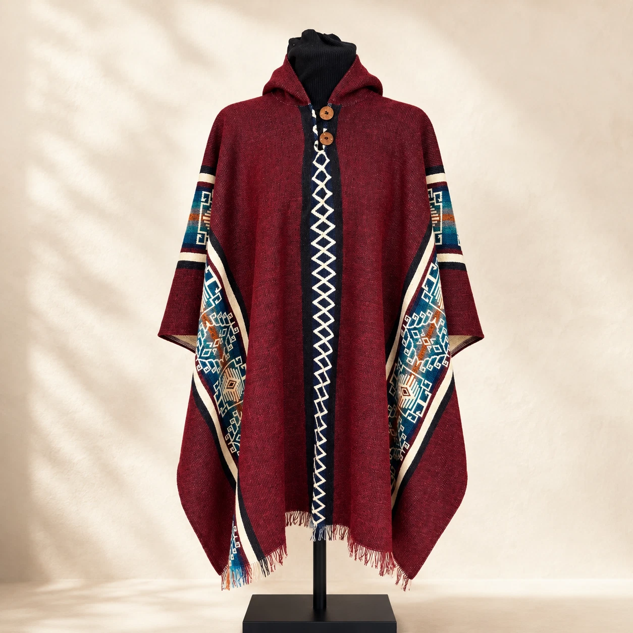 Burgundy Hooded Baby Alpaca Poncho Unisex Aztec Geometric Handwoven Ecuador Boho
Opens in a new wind