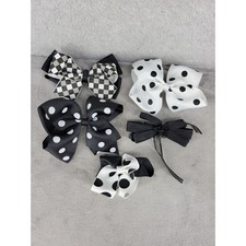 Set of 5 Black White Polka Dot Checkerboard Hair Bows Clips Barrettes for Girls