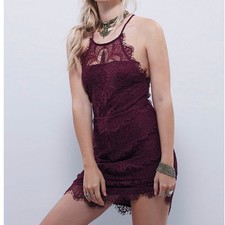 FREE PEOPLE | Burgundy She Got It Lace Boho Button Back Halter Mini Dress, S